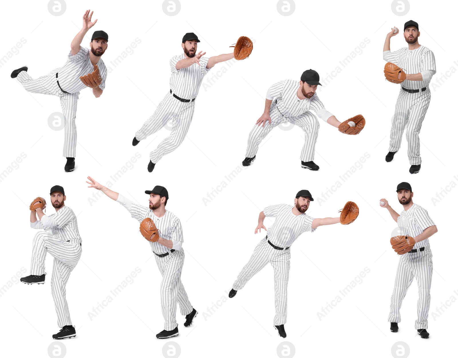 Image of Baseball player with leather glove on white background, set of photos