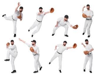 Baseball player with leather glove on white background, set of photos