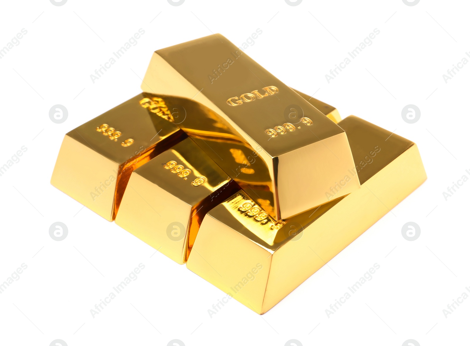 Photo of Precious shiny gold bars on white background