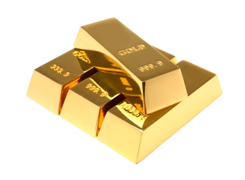 Photo of Precious shiny gold bars on white background