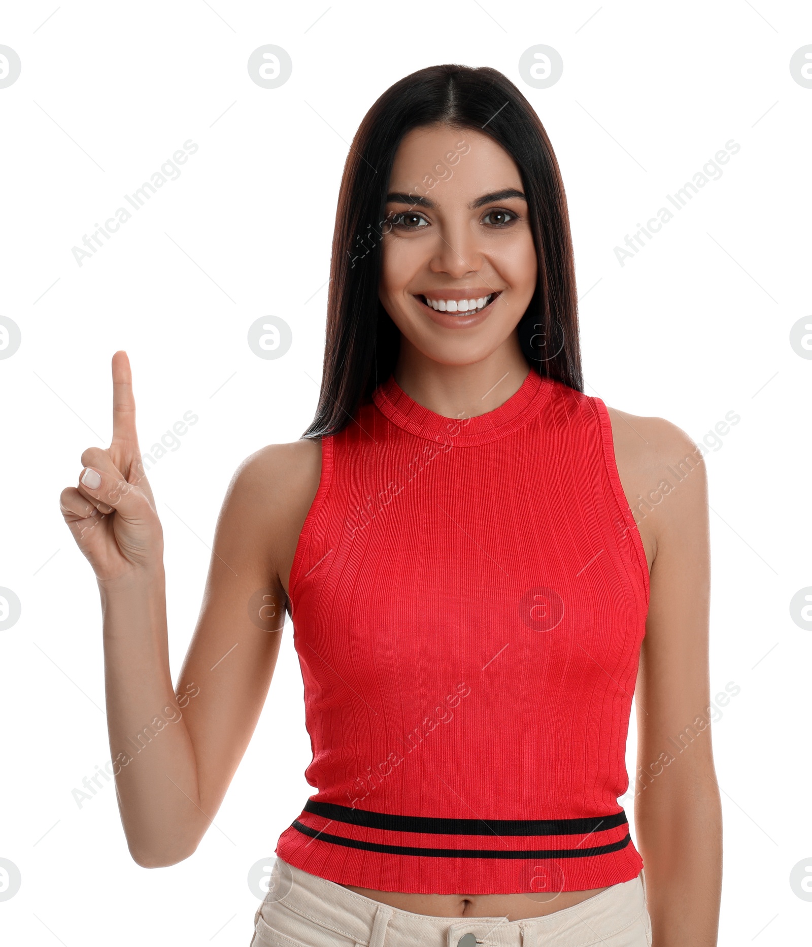 Photo of Woman showing number one with her hand on white background