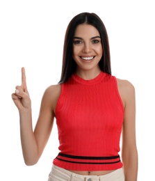 Woman showing number one with her hand on white background