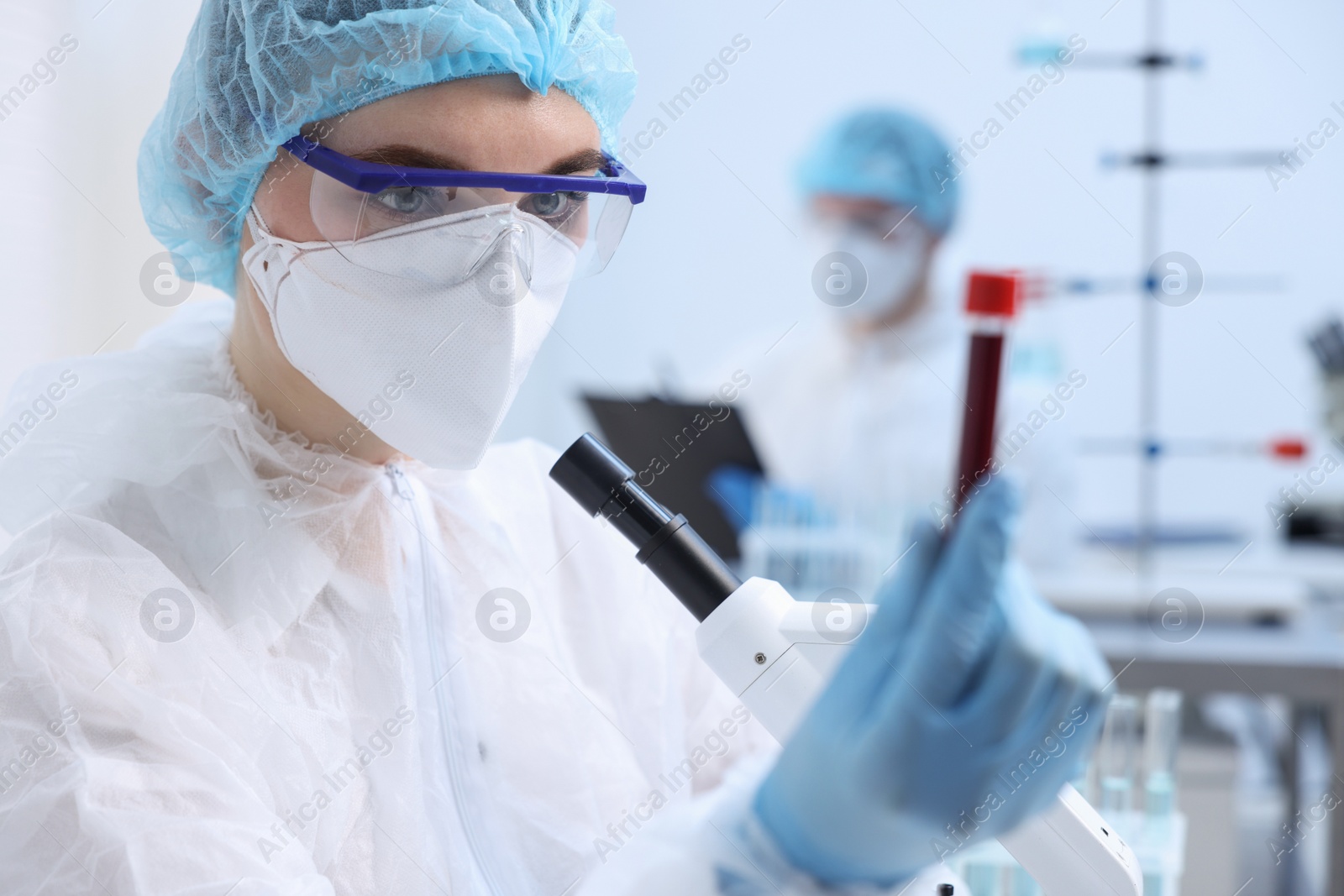 Photo of Scientist working with sample in test tube in laboratory