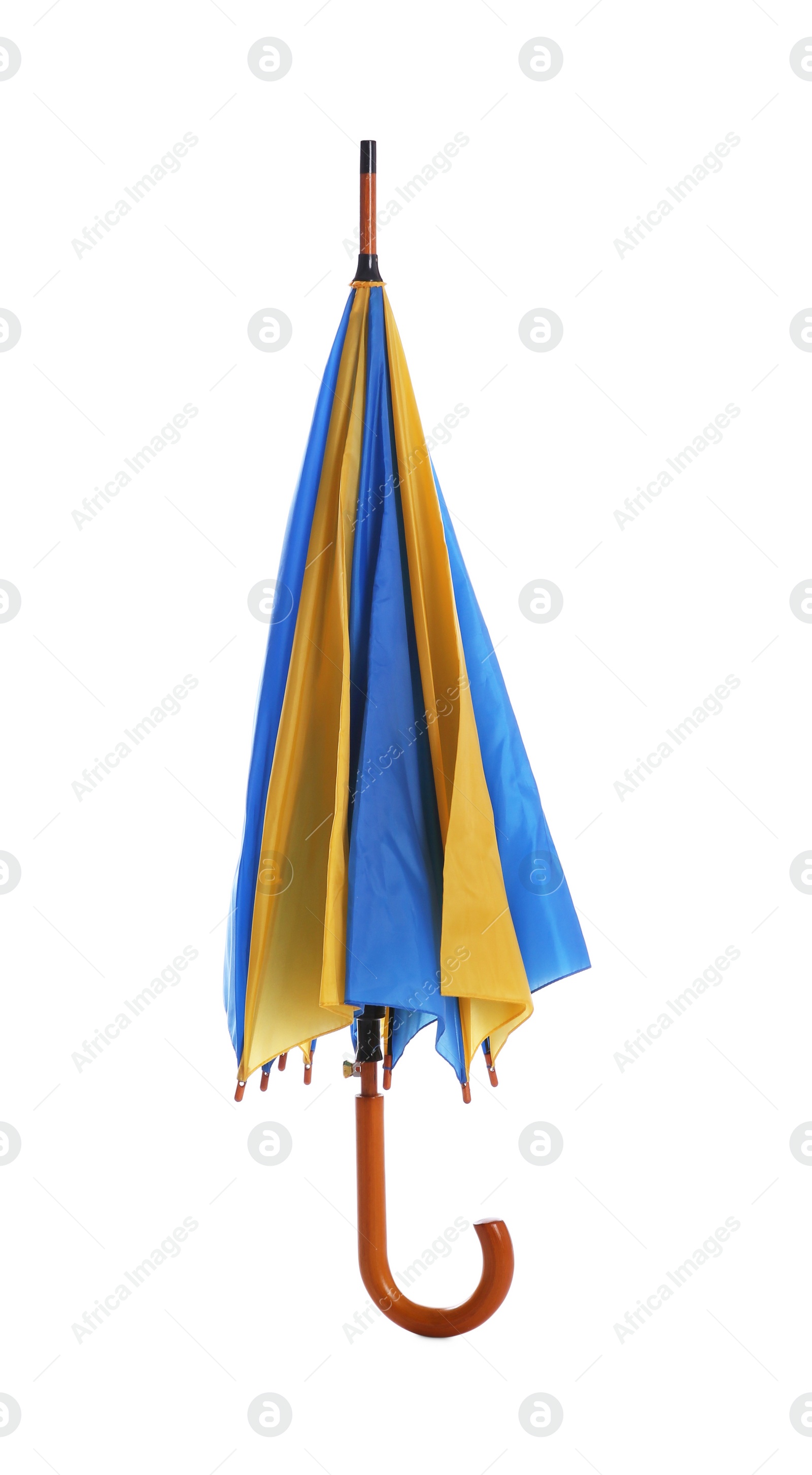 Photo of One closed colorful umbrella isolated on white