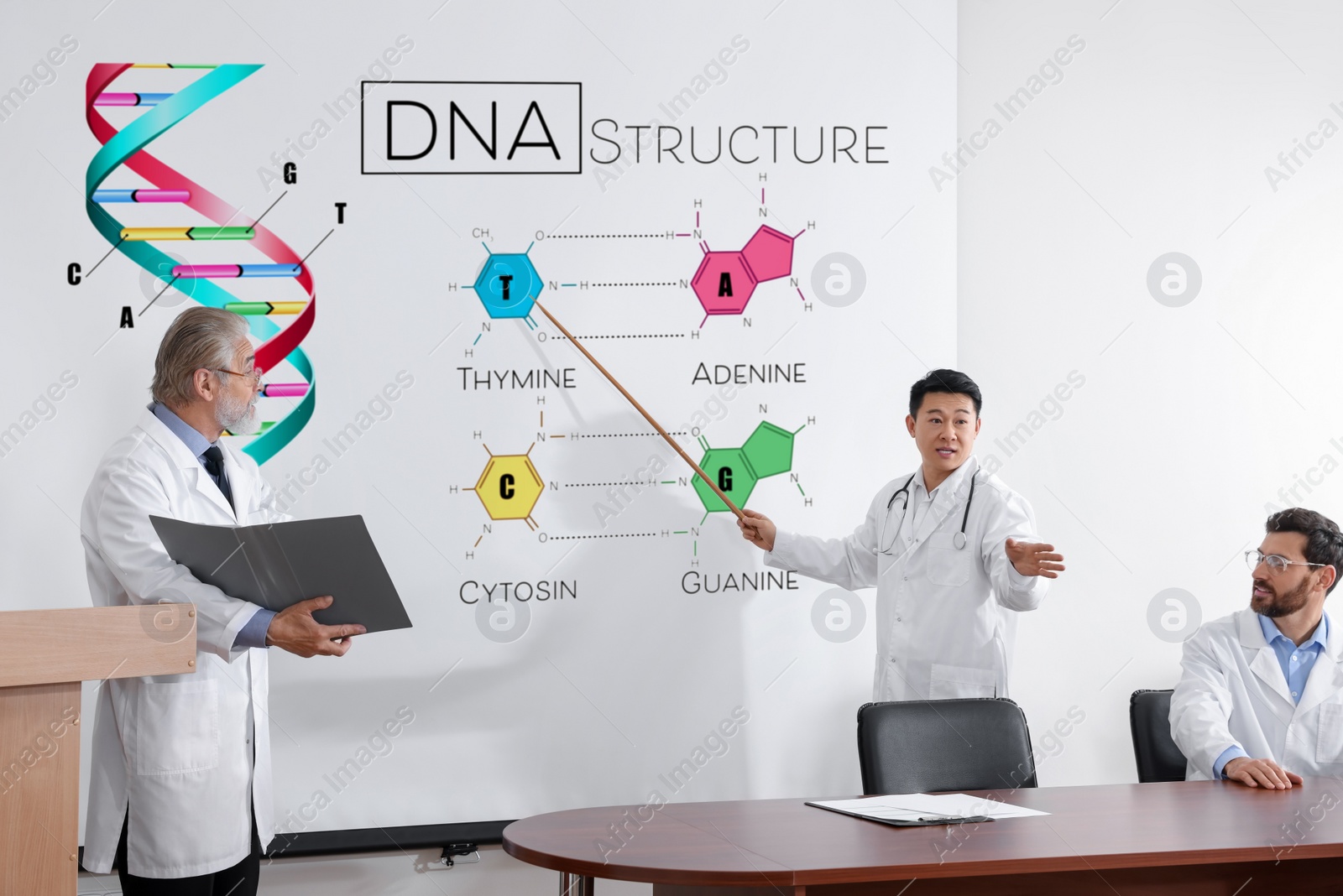 Image of Professors giving lecture in DNA structure in conference room. Projection screen with illustration and information