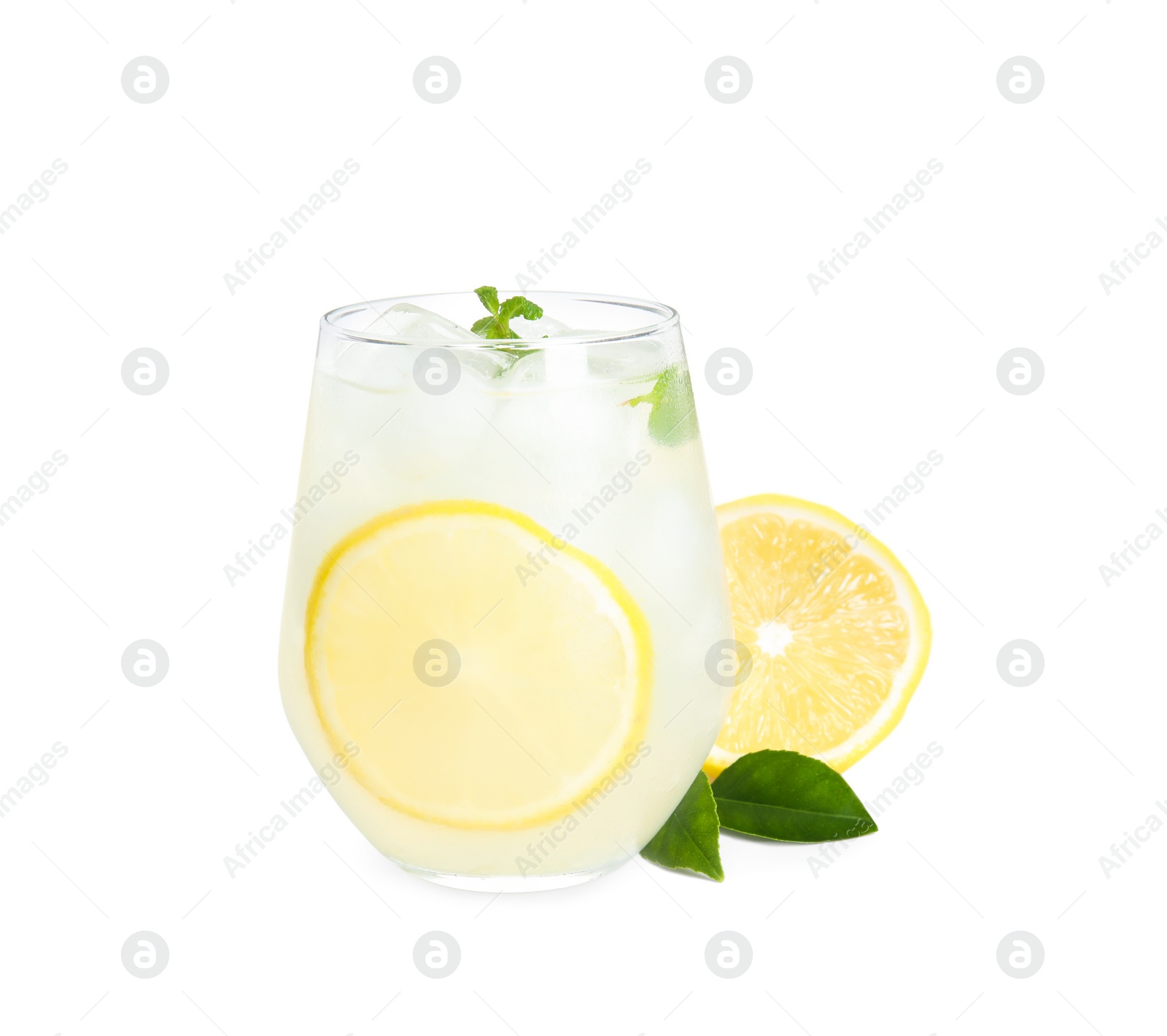 Photo of Cool freshly made lemonade and fruits on white background