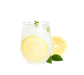 Photo of Cool freshly made lemonade and fruits on white background