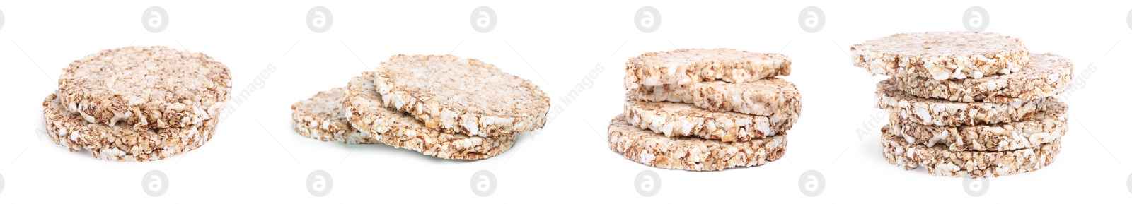 Image of Set with tasty crunchy puffed cakes on white background. Banner design