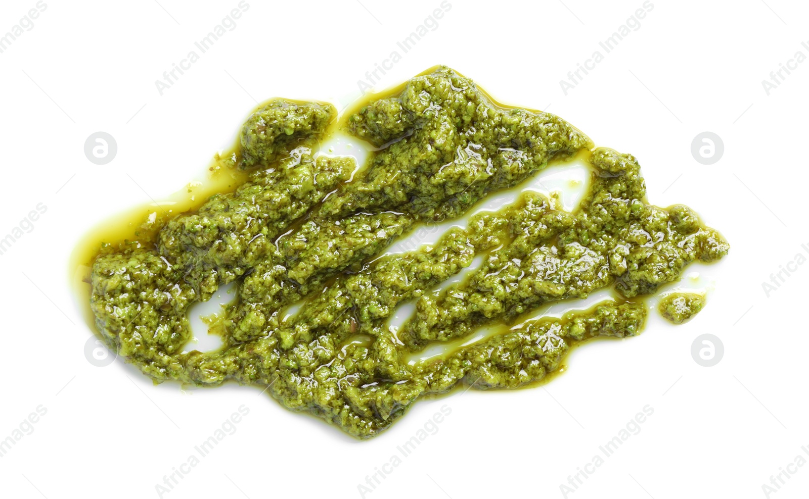 Photo of Sample of tasty pesto sauce isolated on white, top view