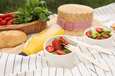 Photo of Picnic blanket with juice and food outdoors