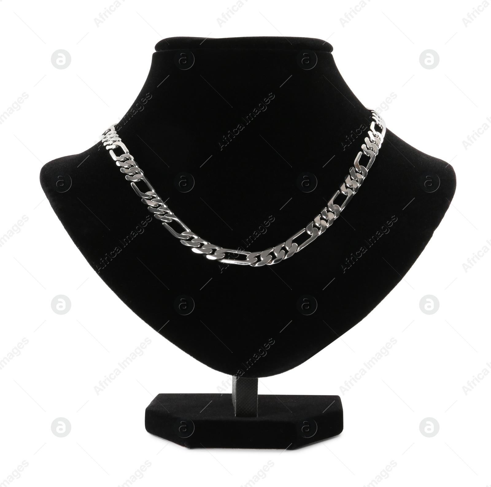 Photo of Stylish silver necklace on jewelry bust against white background