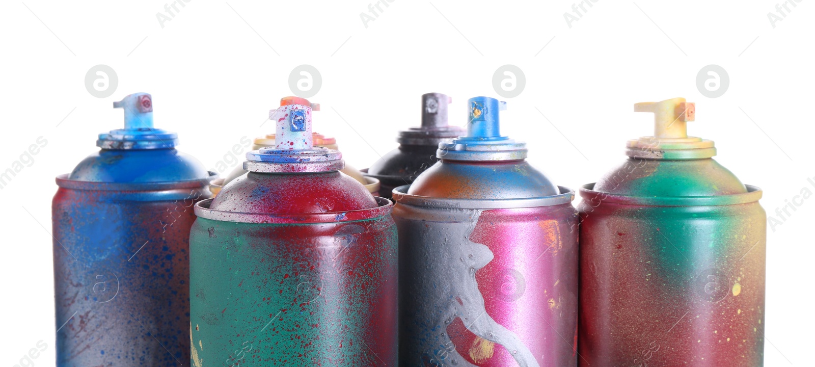 Photo of Many spray paint cans isolated on white