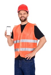 Photo of Man in reflective uniform showing smartphone on white background