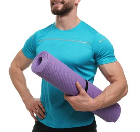 Man with fitness mat on white background, closeup