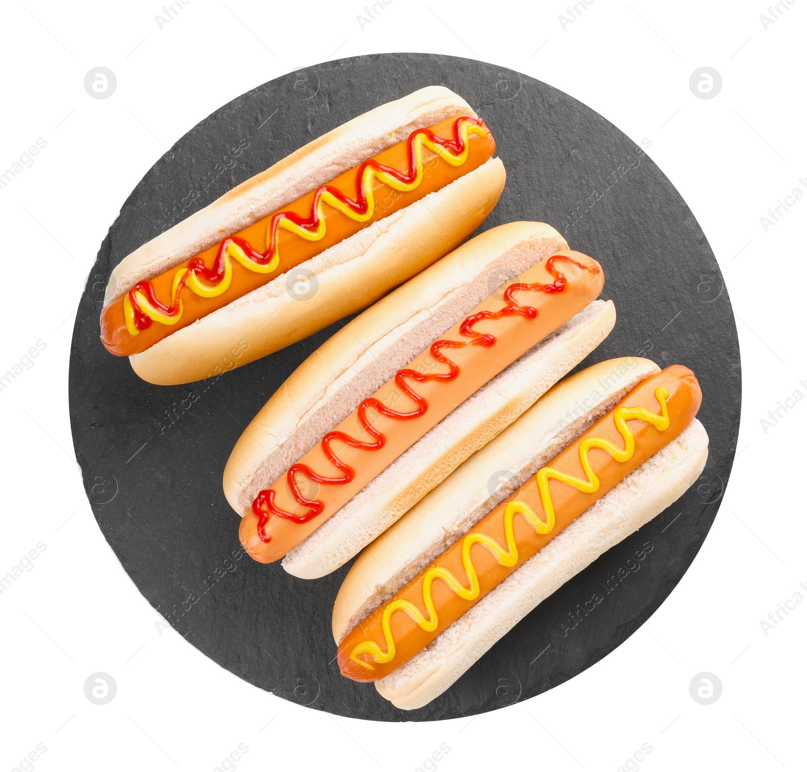 Photo of Delicious hot dogs with sauces isolated on white, top view