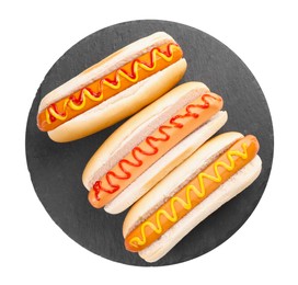 Delicious hot dogs with sauces isolated on white, top view