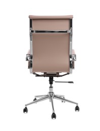 Photo of Comfortable leather office chair isolated on white, back view