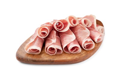 Wooden board with rolled slices of delicious jamon isolated on white