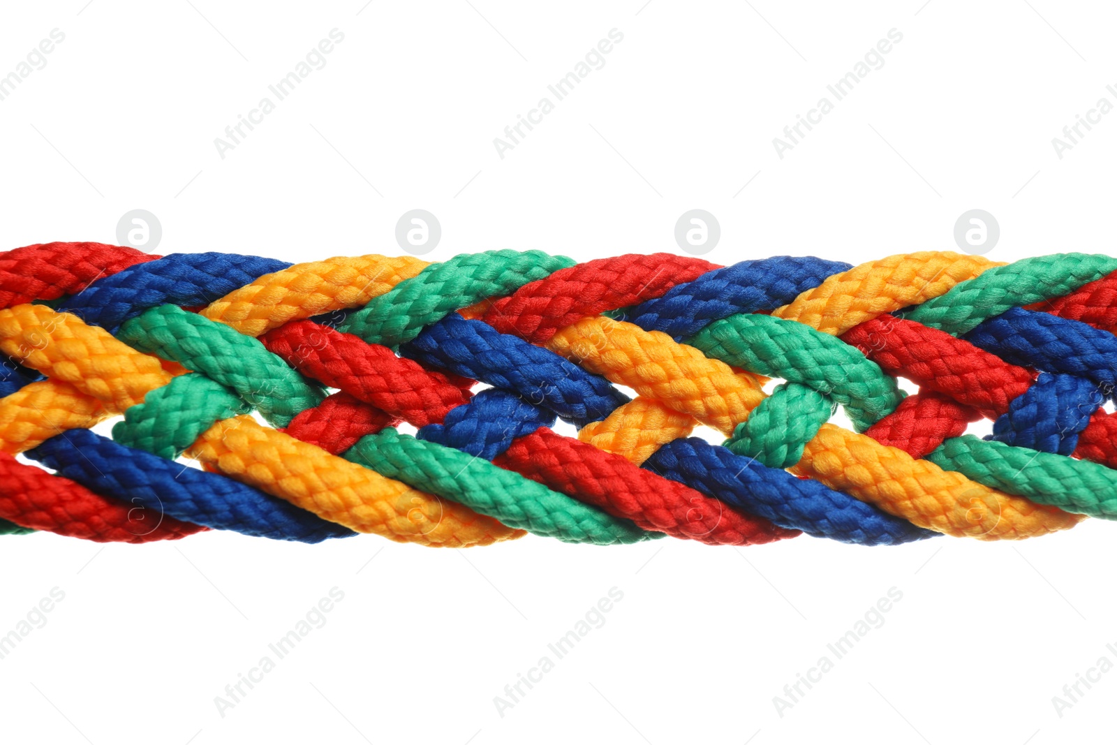 Photo of Braided colorful ropes on white background. Unity concept