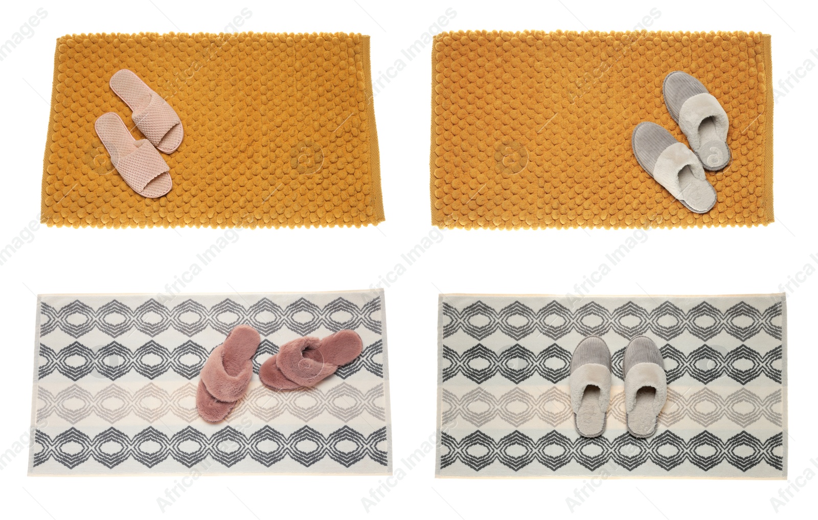 Image of Set with soft bath mats and slippers on white background, top view 
