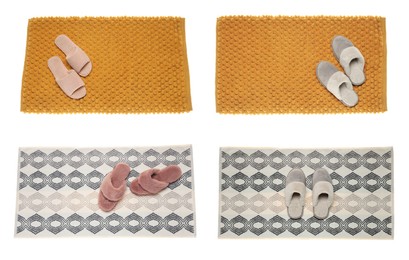 Image of Set with soft bath mats and slippers on white background, top view 