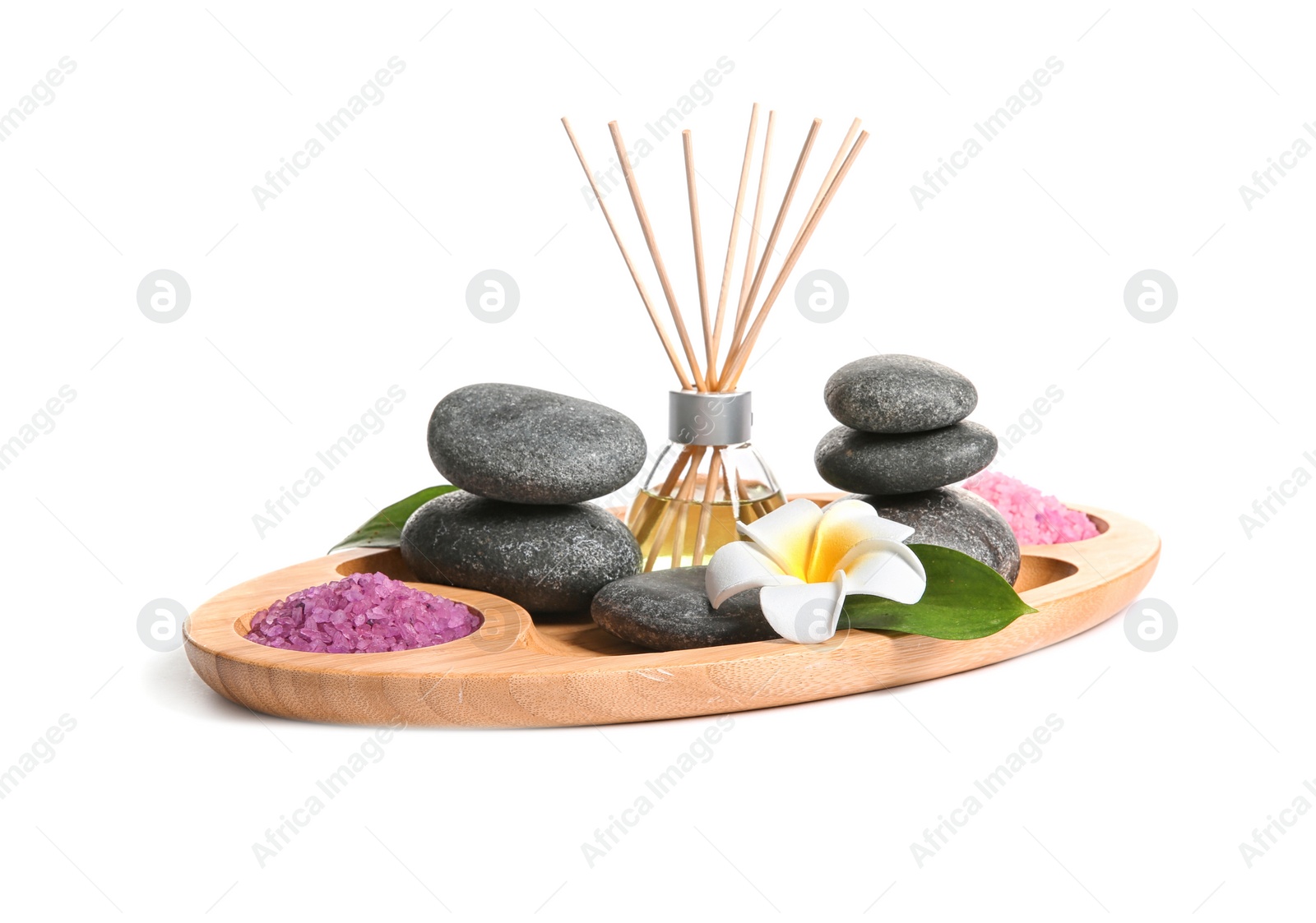 Photo of Beautiful composition with spa stones on white background