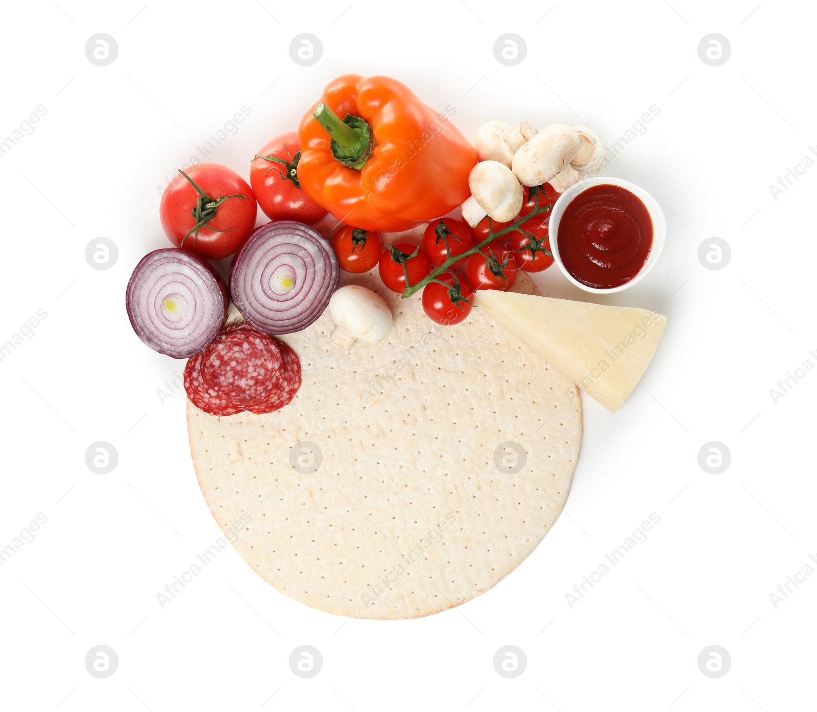 Photo of Composition with pizza crust and fresh ingredients isolated on white, top view