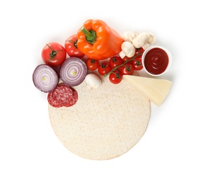 Photo of Composition with pizza crust and fresh ingredients isolated on white, top view