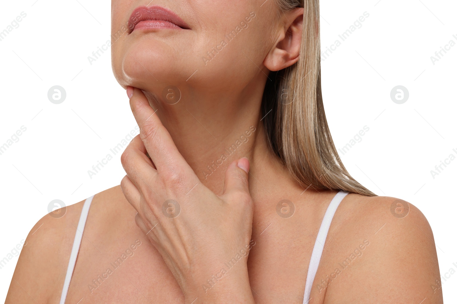 Photo of Mature woman touching her neck on white background, closeup