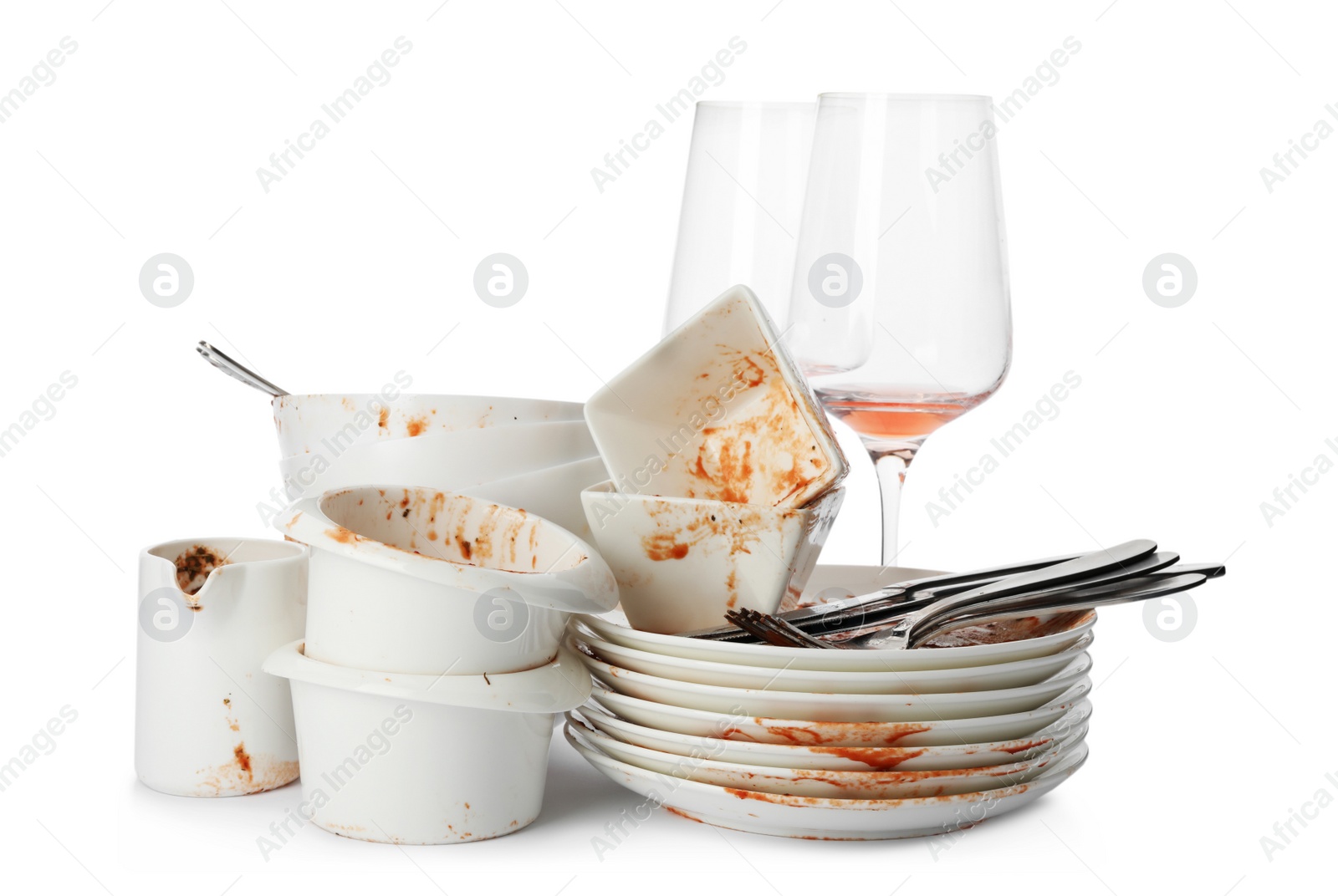 Photo of Set of dirty dishes isolated on white