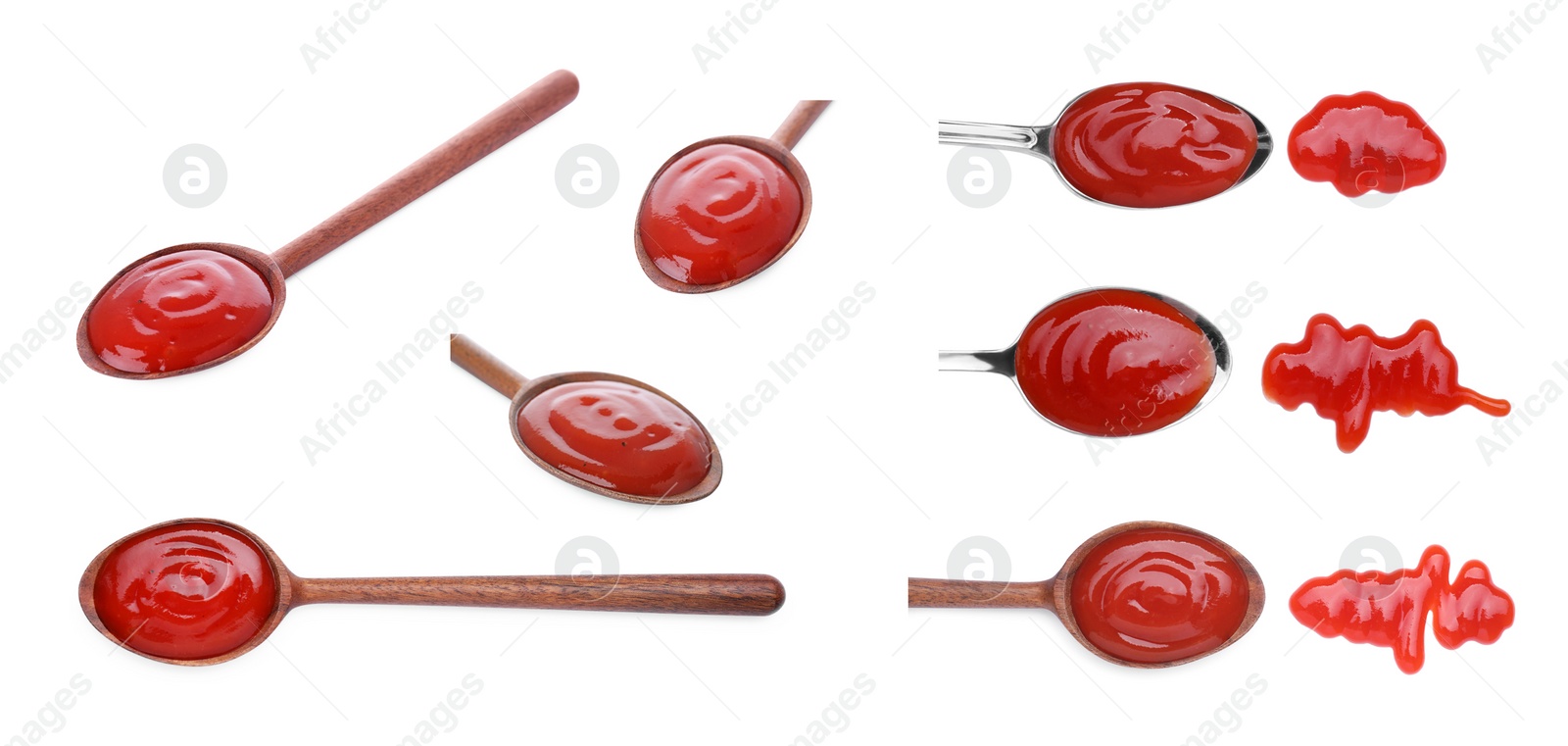 Image of Set of tasty ketchup in spoons and smears on white background, different views