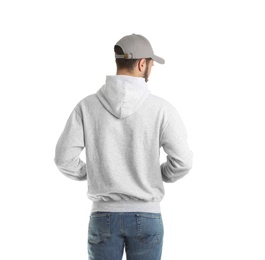 Photo of Young man in sweater isolated on white. Mock up for design