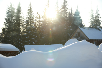 Photo of Wooden houses covered with snow near conifer forest