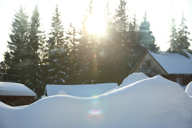 Wooden houses covered with snow near conifer forest