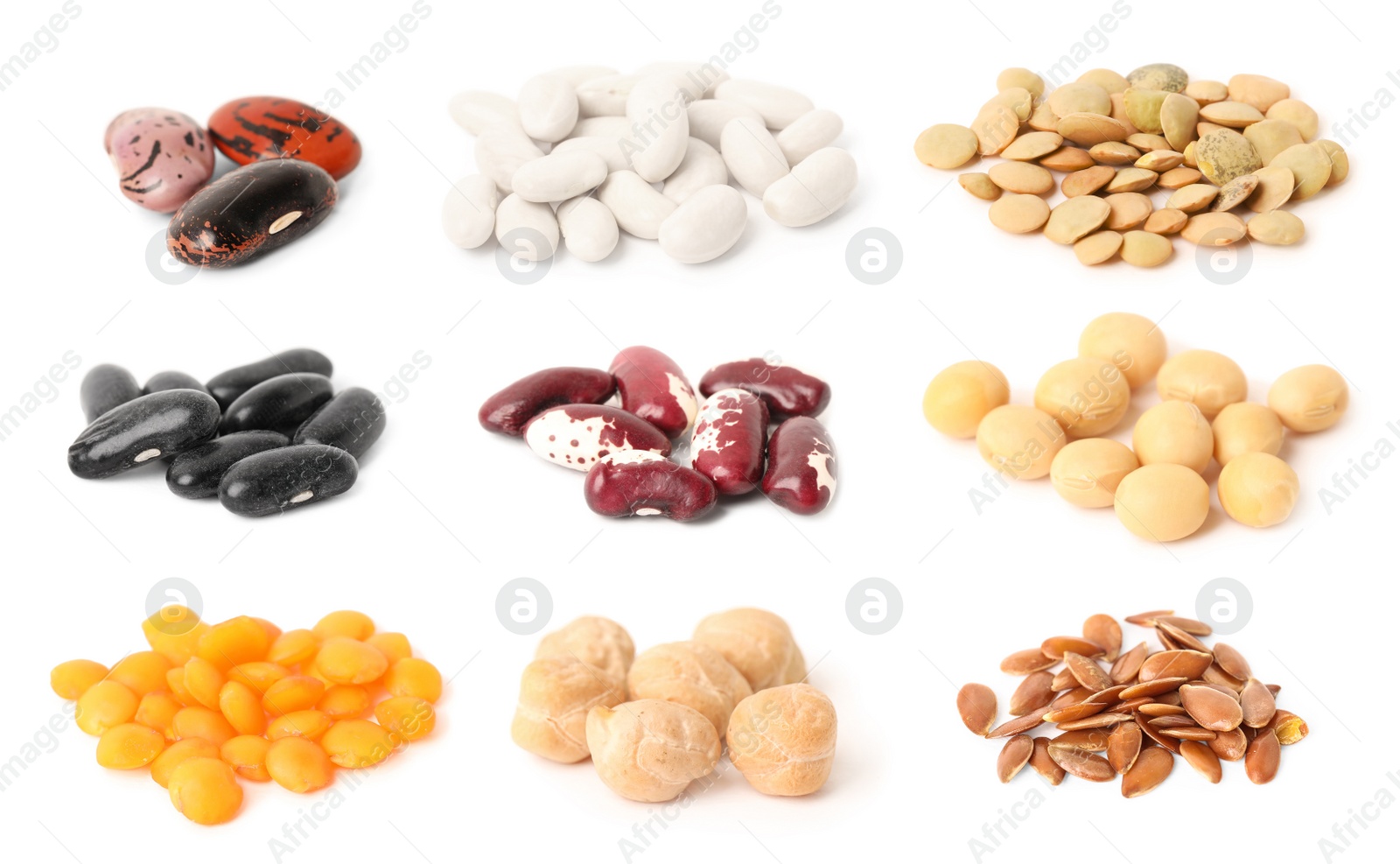 Image of Set with different legumes, grains and seeds on white background. Vegan diet