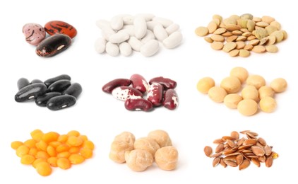 Set with different legumes, grains and seeds on white background. Vegan diet