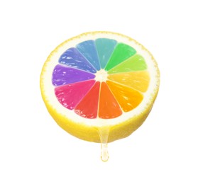 Image of Half of fresh lemon with rainbow segments on white background. Brighten your life