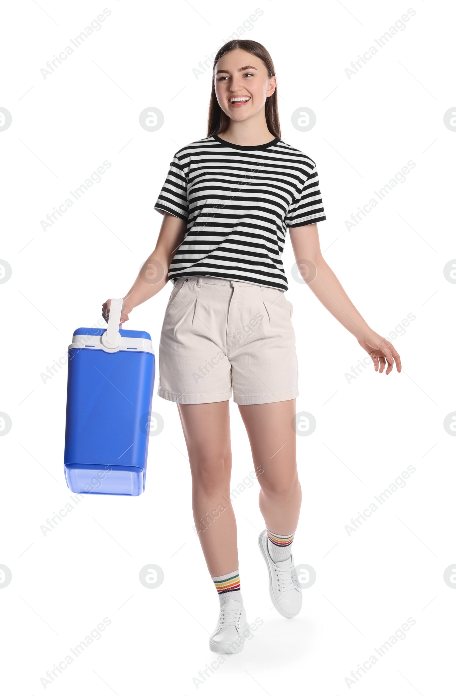 Photo of Happy young woman with plastic cool box isolated on white