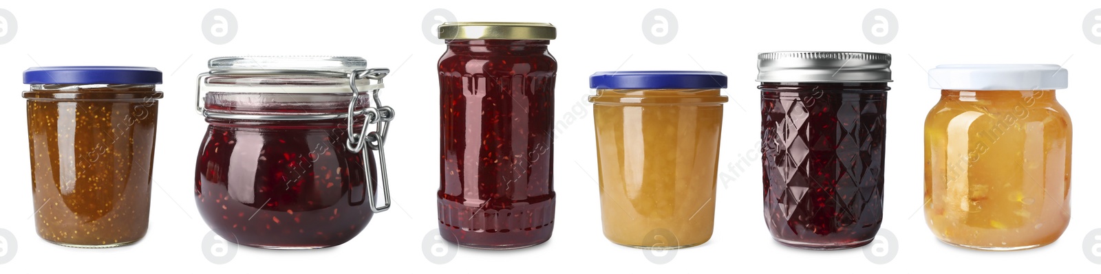 Image of Set of different jars with jams on white background. Banner design 