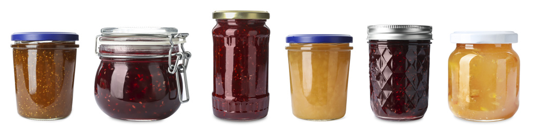 Image of Set of different jars with jams on white background. Banner design 