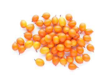 Fresh ripe sea buckthorn berries on white background, top view