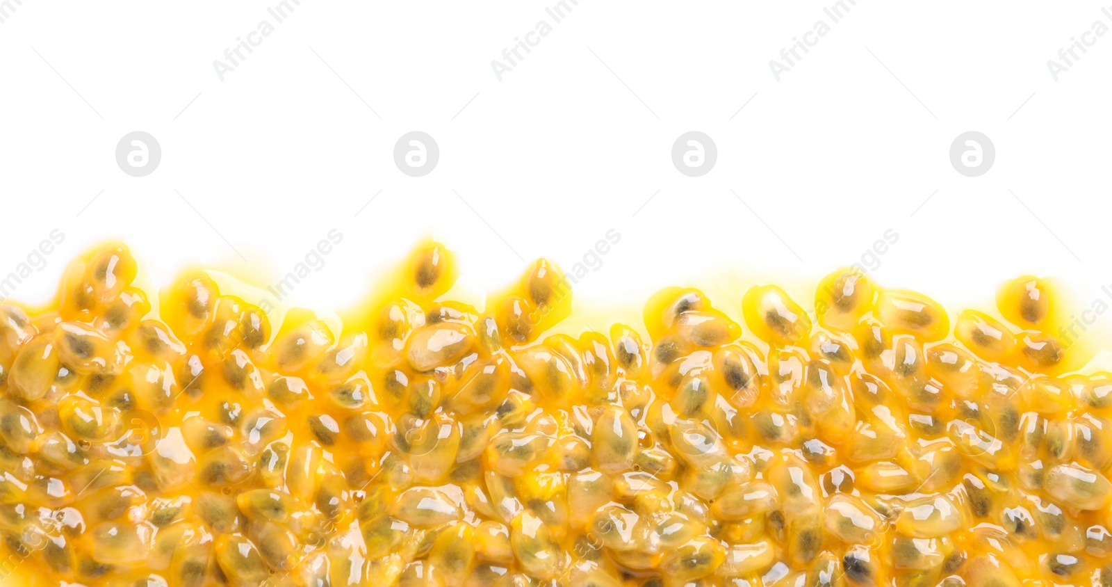 Photo of Passion fruit seeds on white background, top view