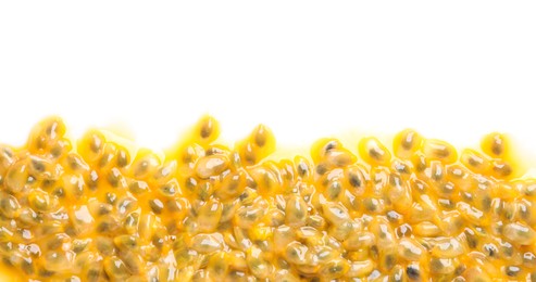 Photo of Passion fruit seeds on white background, top view