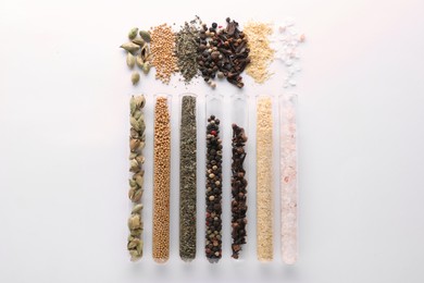 Photo of Glass tubes with different spices on white background, flat lay