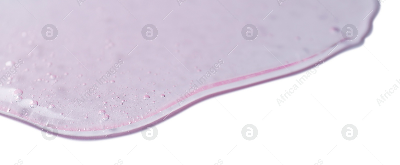 Photo of Sample of transparent shower gel on white background, closeup