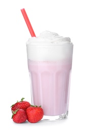 Glass with delicious milk shake on white background