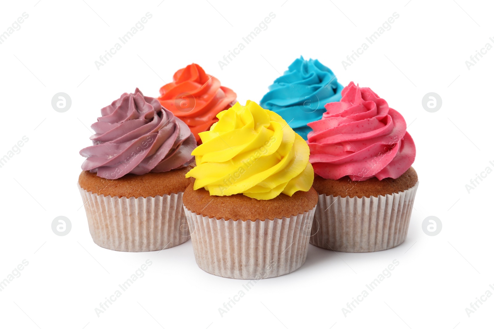 Photo of Different delicious colorful cupcakes on white background