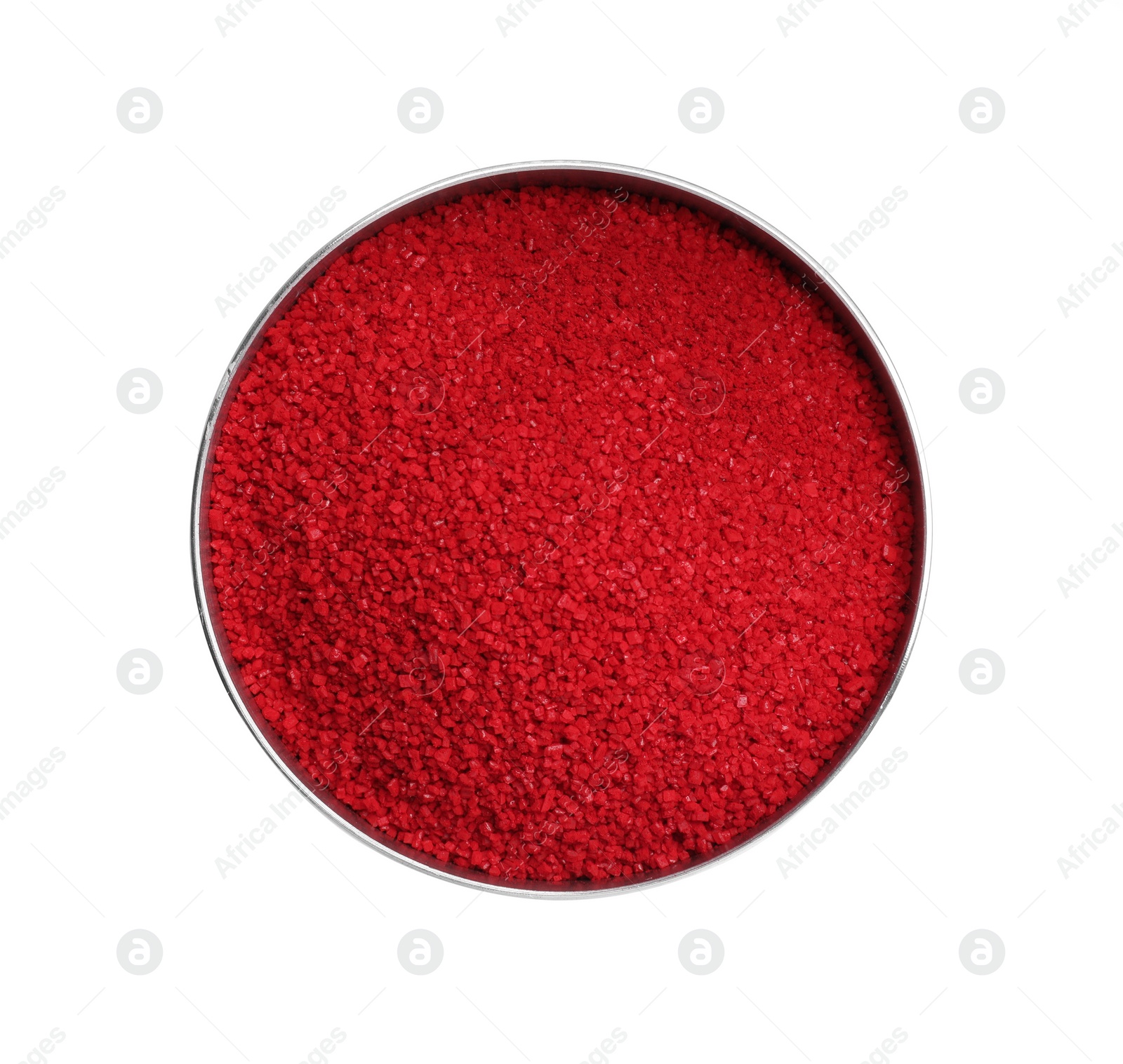 Photo of Bowl with red food coloring isolated on white, top view
