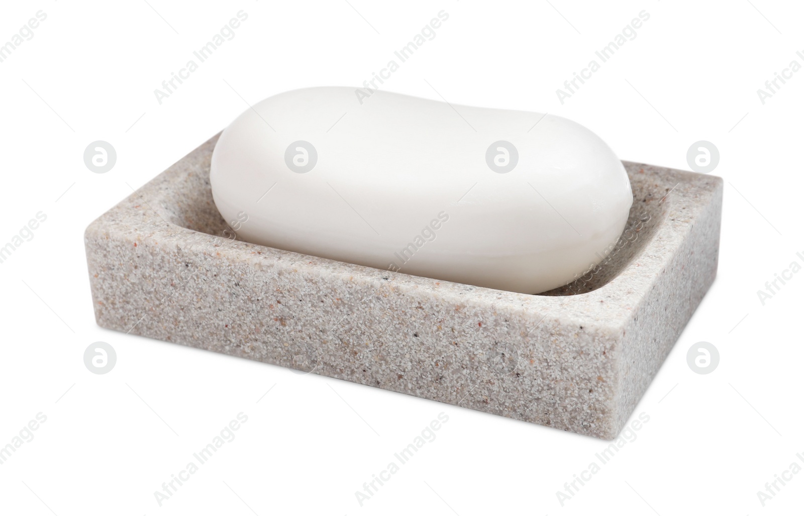 Photo of Holder with soap bar on white background