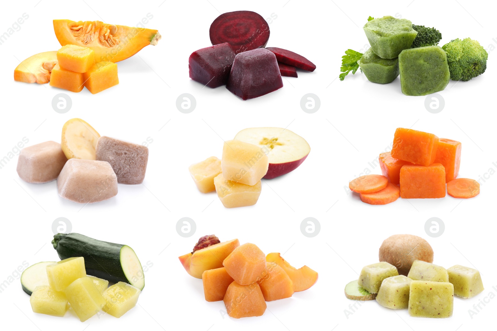 Image of Set with frozen puree cubes and ingredients on white background